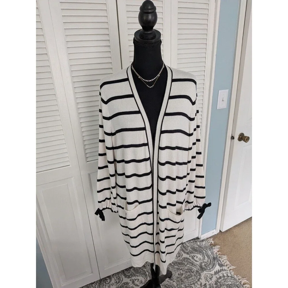 Talbots Oprah Magazine Collection Cardigan Women's XL Cream Black Stripe Sweater